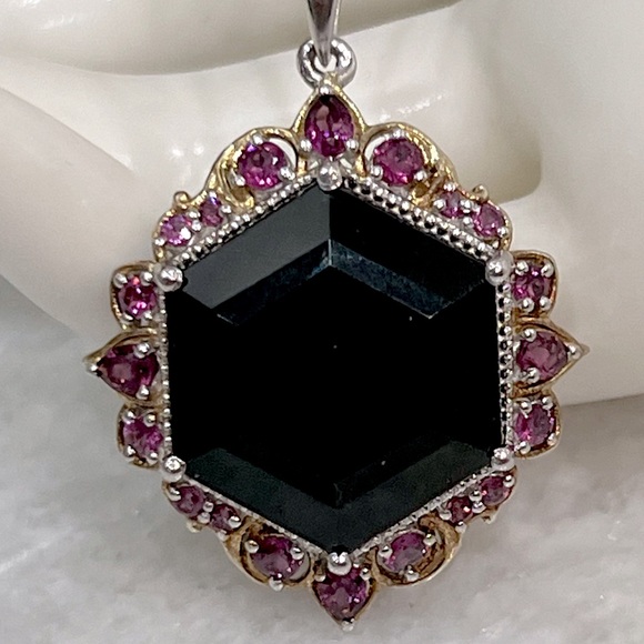 Black Tourmaline Rhodolite Garnet 14K YG Sterling Silver Pendant Necklace - Picture 5 of 13